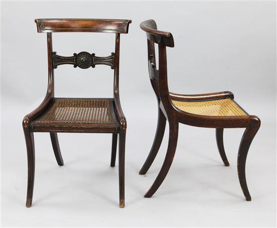A set of four Regency brass inset mahogany dining chairs, W.1ft 8in. H.2ft 8in.